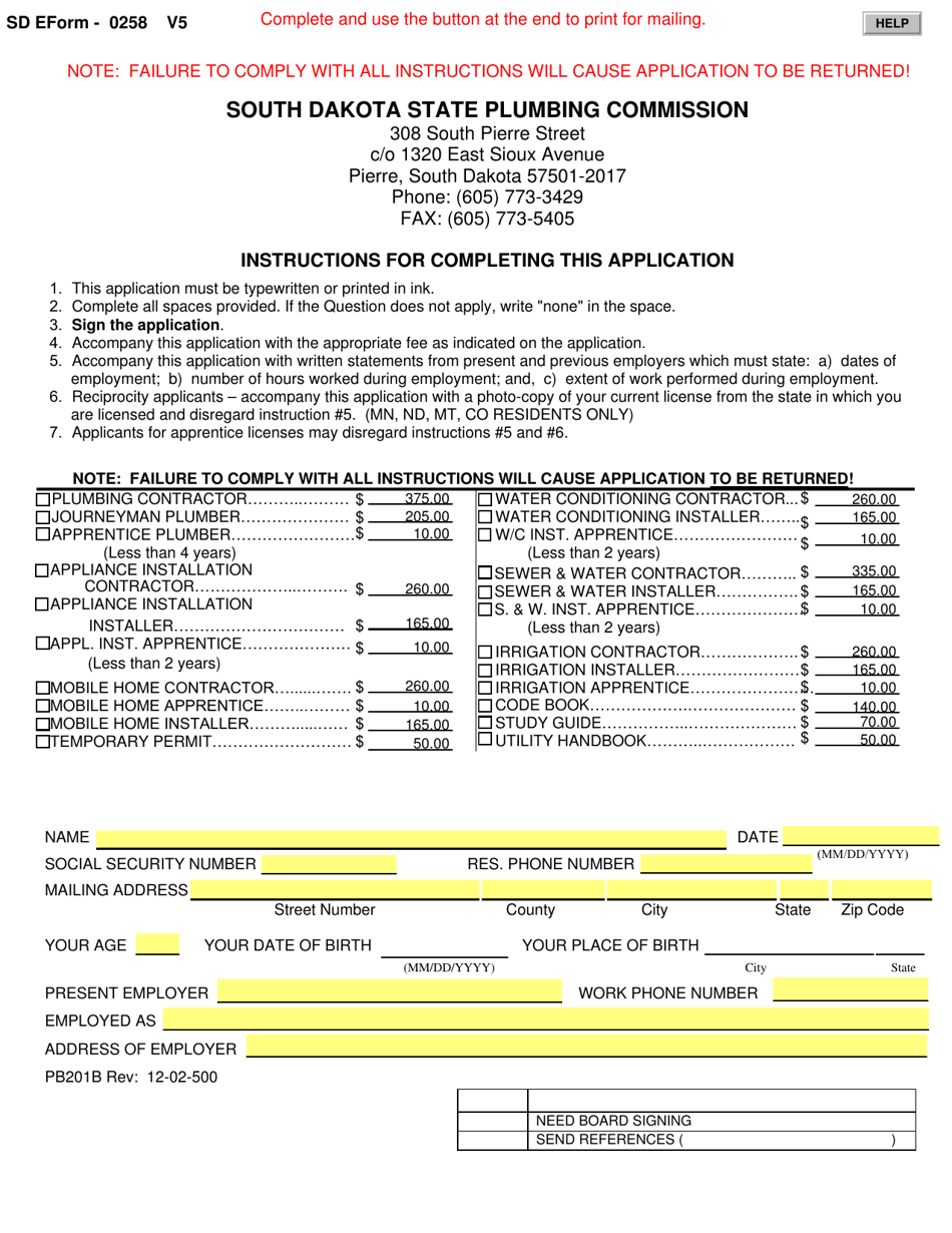 SD Form 0258 (PB201B) Application for License - South Dakota, Page 1