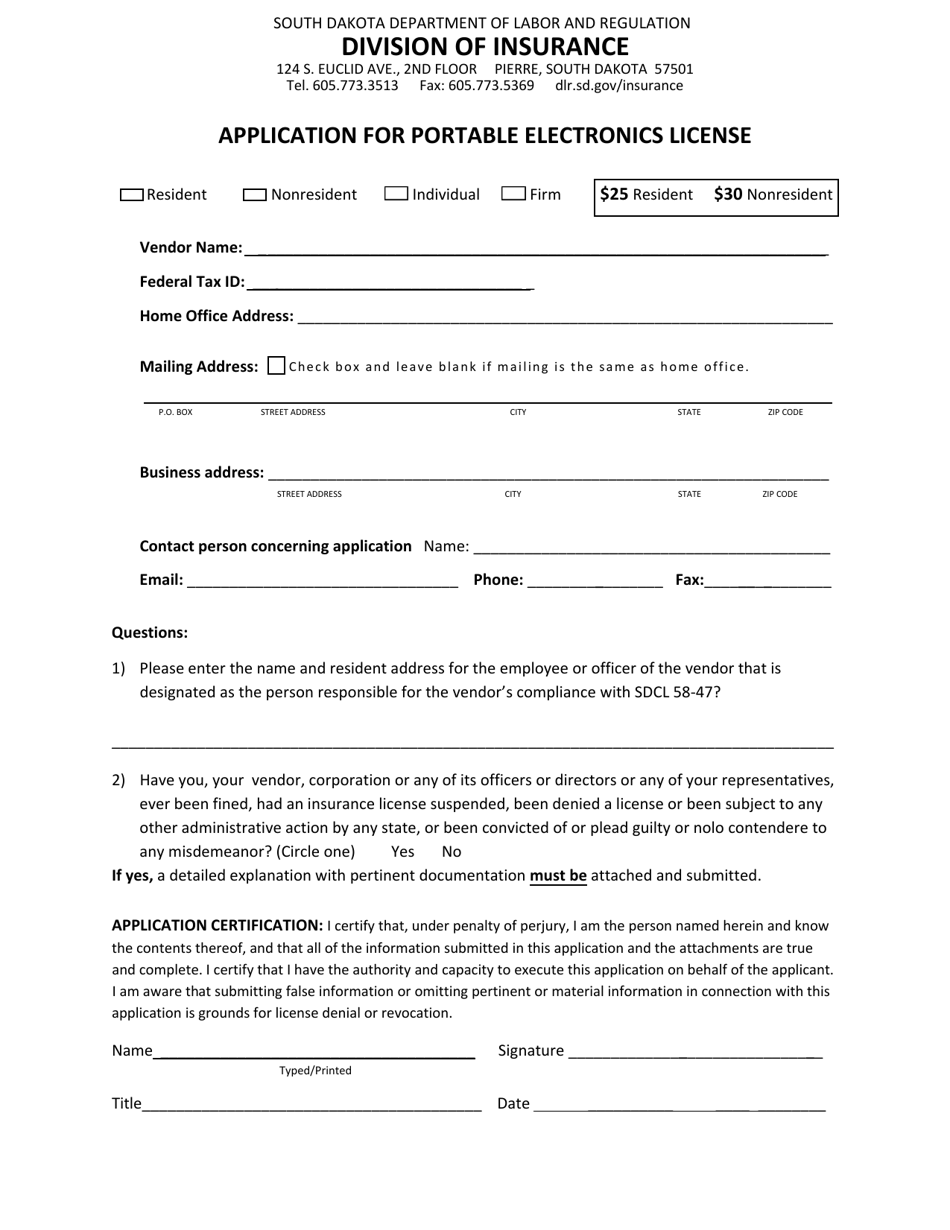 Application for Portable Electronics License - South Dakota, Page 1