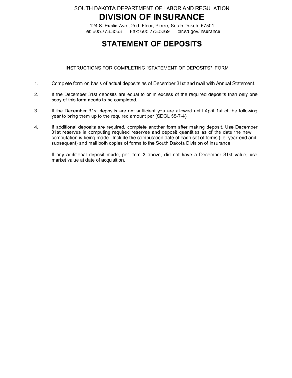 Statement of Deposits - Property Casualty, Life / Health, Title - South Dakota, Page 1