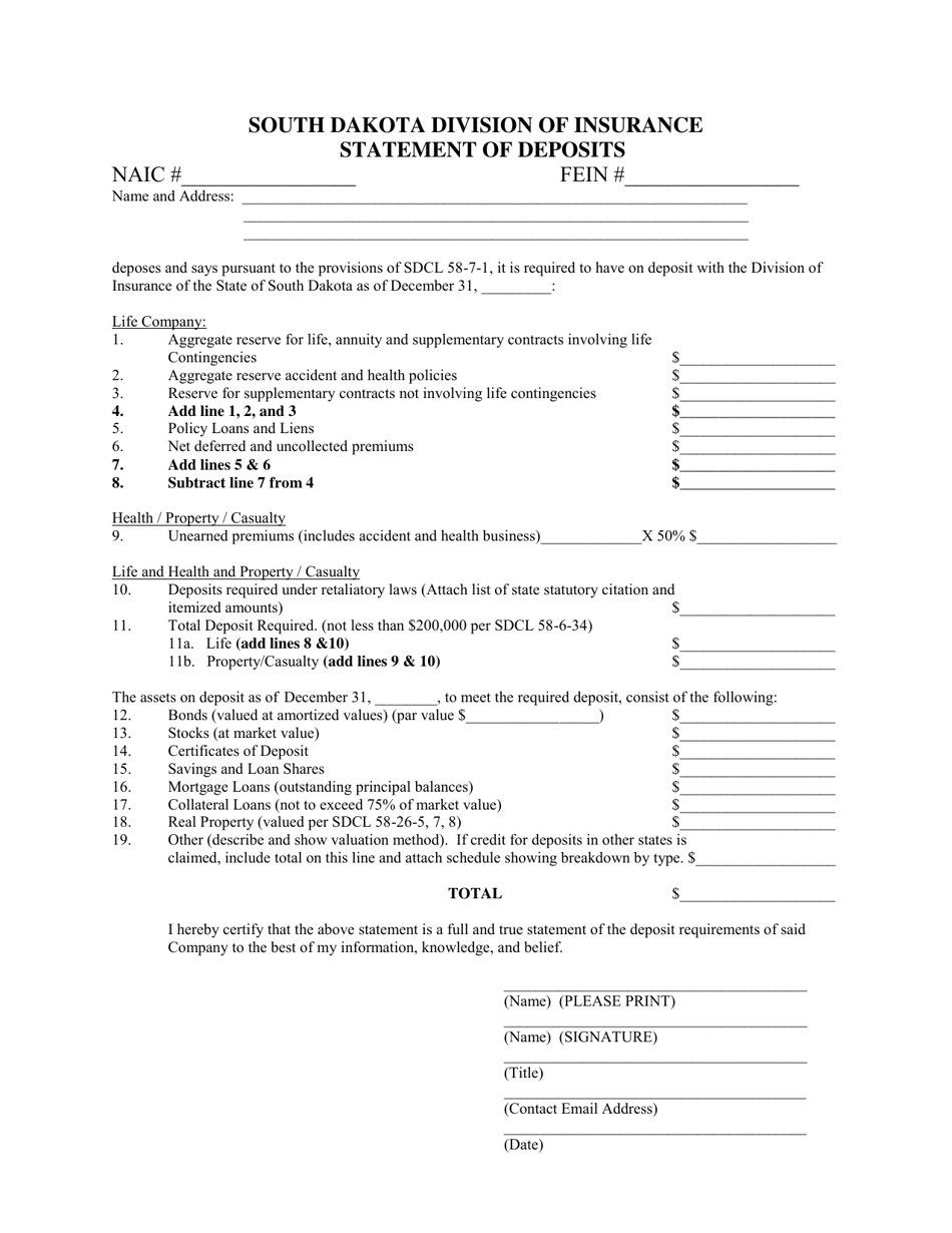 Statement of Deposits - Property Casualty, Life / Health, Title - South Dakota, Page 2