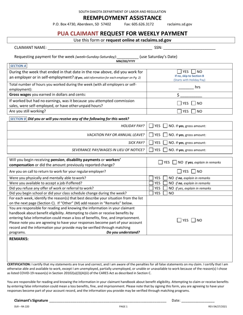 Form DLR-RA220 Pua Claimant Request for Weekly Payment - South Dakota