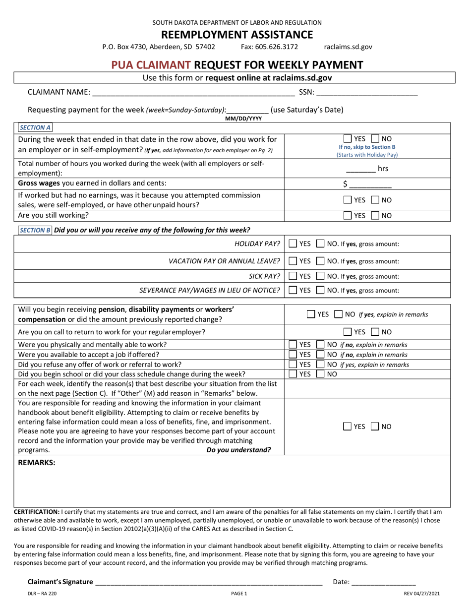 Form DLR-RA220 Pua Claimant Request for Weekly Payment - South Dakota, Page 1