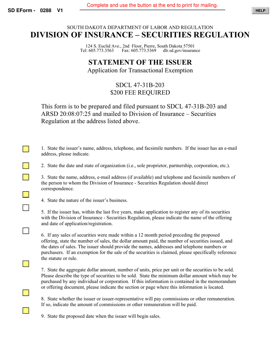 SD Form 0288 Statement of the Issuer Application for Transactional Exemption - South Dakota, Page 1
