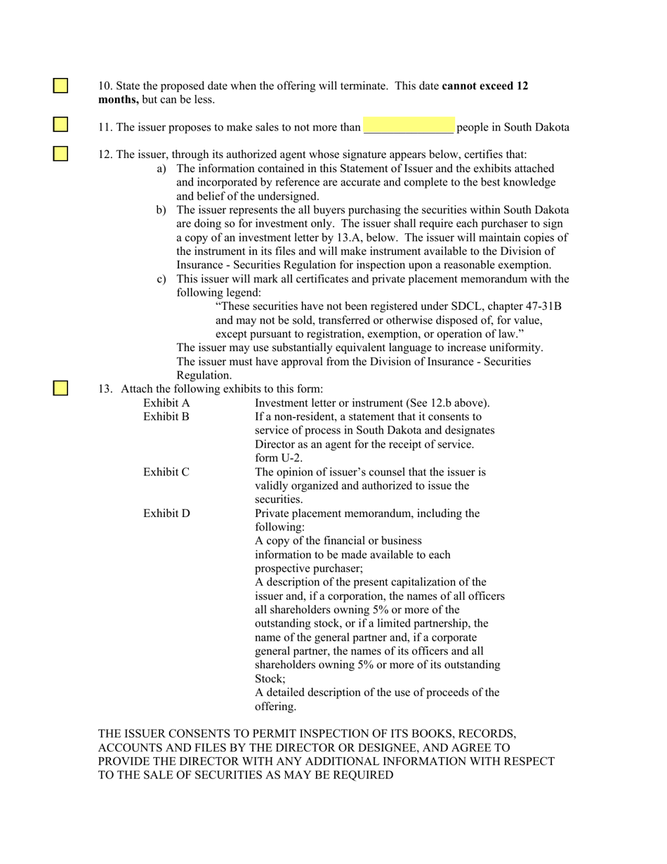 SD Form 0288 Statement of the Issuer Application for Transactional Exemption - South Dakota, Page 2
