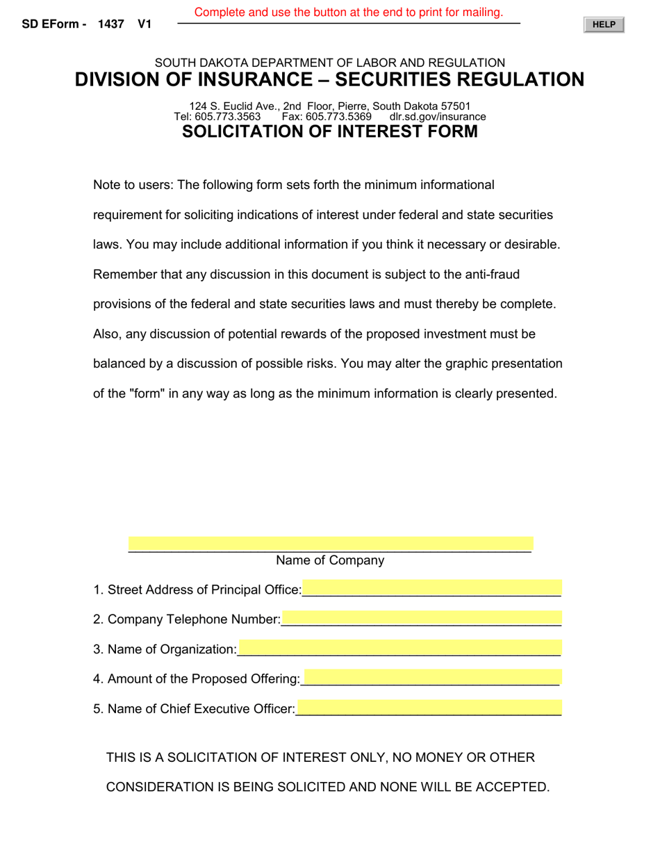 SD Form 1437 Solicitation of Interest Form - South Dakota, Page 1