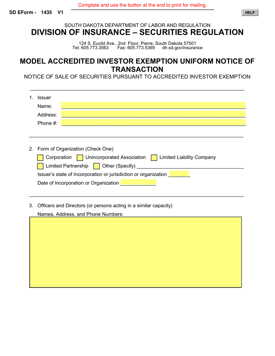 SD Form 1435 Model Accredited Investor Exemption Uniform Notice of Transaction - South Dakota, Page 1