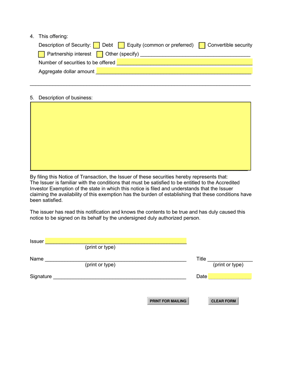 SD Form 1435 Model Accredited Investor Exemption Uniform Notice of Transaction - South Dakota, Page 2