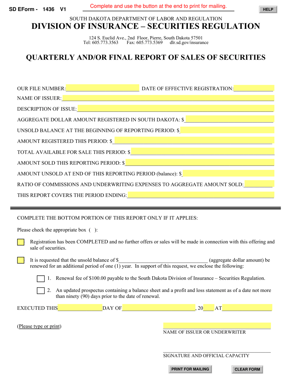 SD Form 1436 Quarterly and / or Final Report of Sales of Securities - South Dakota, Page 1