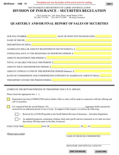 SD Form 1436 Quarterly and/or Final Report of Sales of Securities - South Dakota
