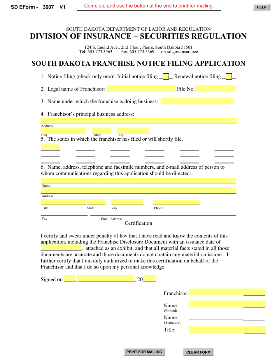 SD Form 3007 South Dakota Franchise Notice Filing Application - South Dakota, Page 1