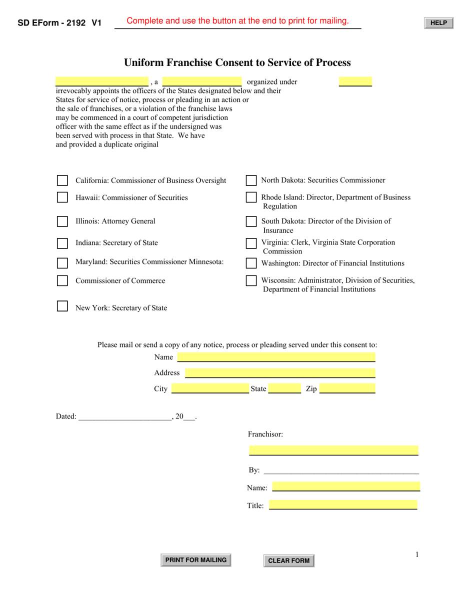 SD Form 2192 Uniform Franchise Consent to Service of Process - South Dakota, Page 1
