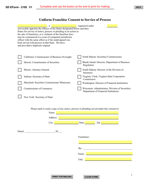 SD Form 2192 Uniform Franchise Consent to Service of Process - South Dakota