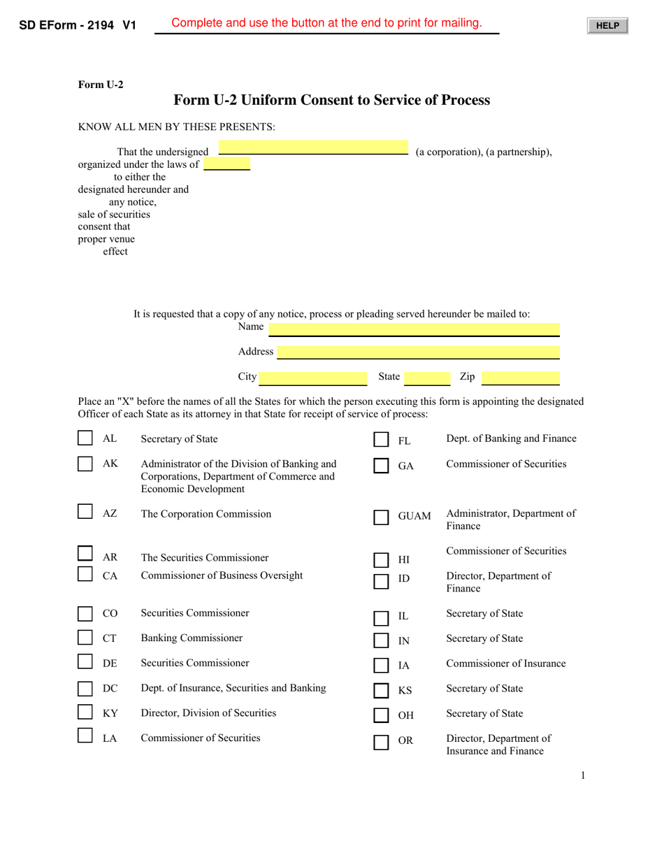 Form U-2 (SD Form 2194) Uniform Consent to Service of Process - South Dakota, Page 1