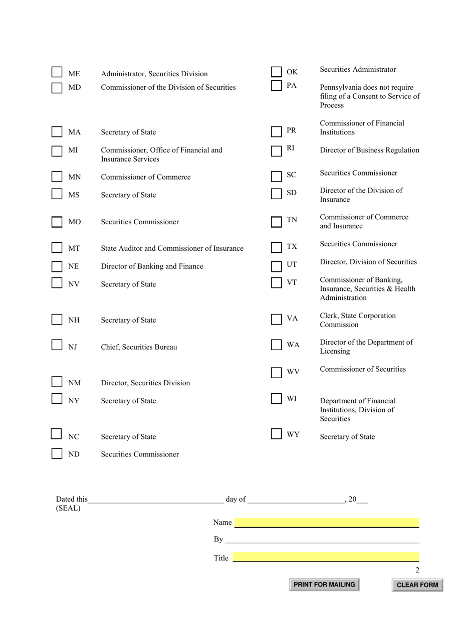 Form U-2 (SD Form 2194) Uniform Consent to Service of Process - South Dakota, Page 2