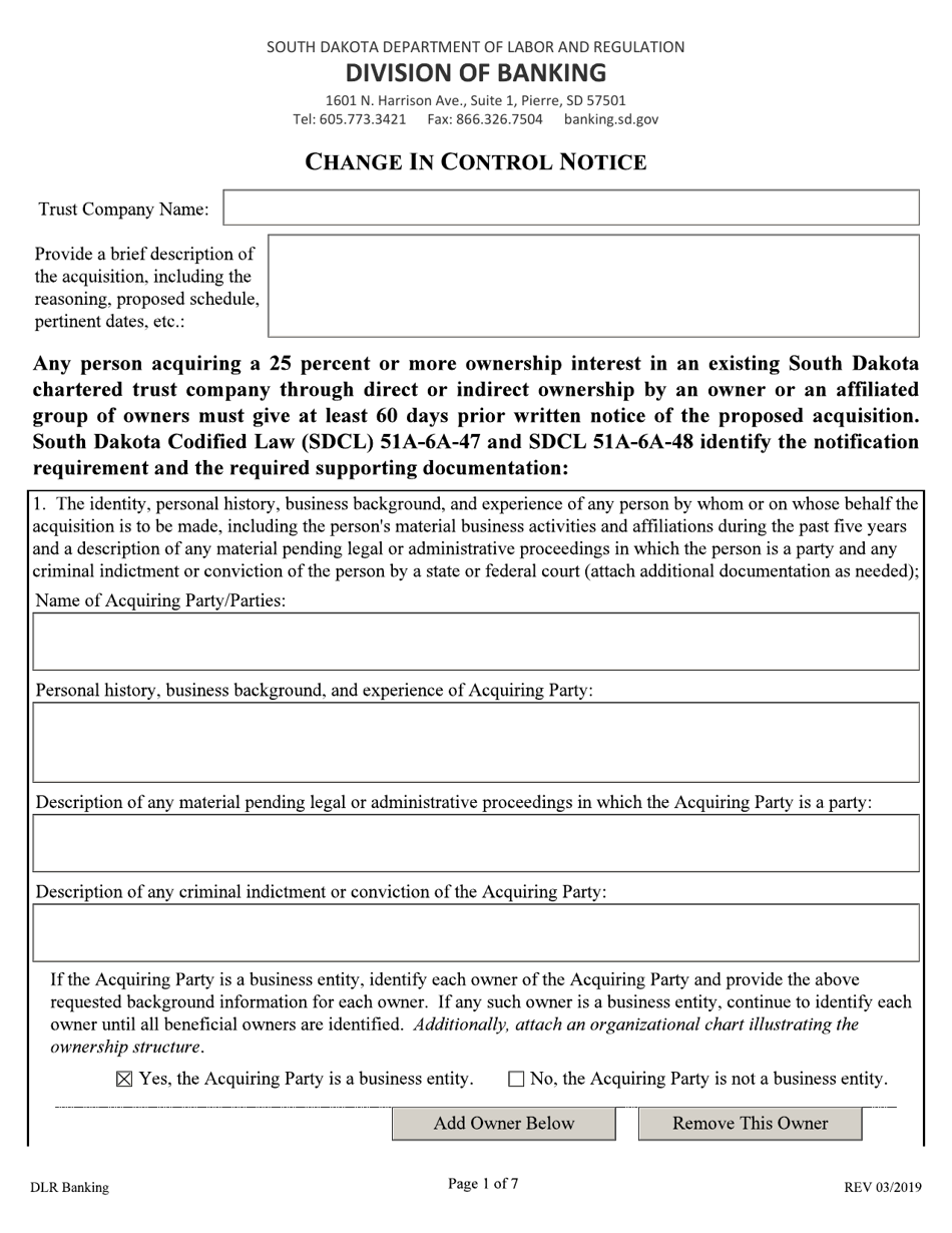 Change in Control Notice - South Dakota, Page 1