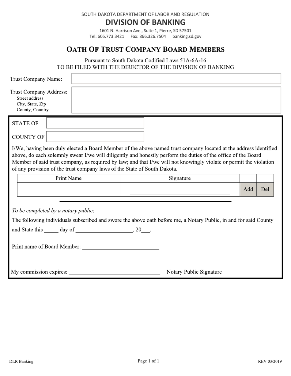 Oath of Trust Company Board Members - South Dakota, Page 1