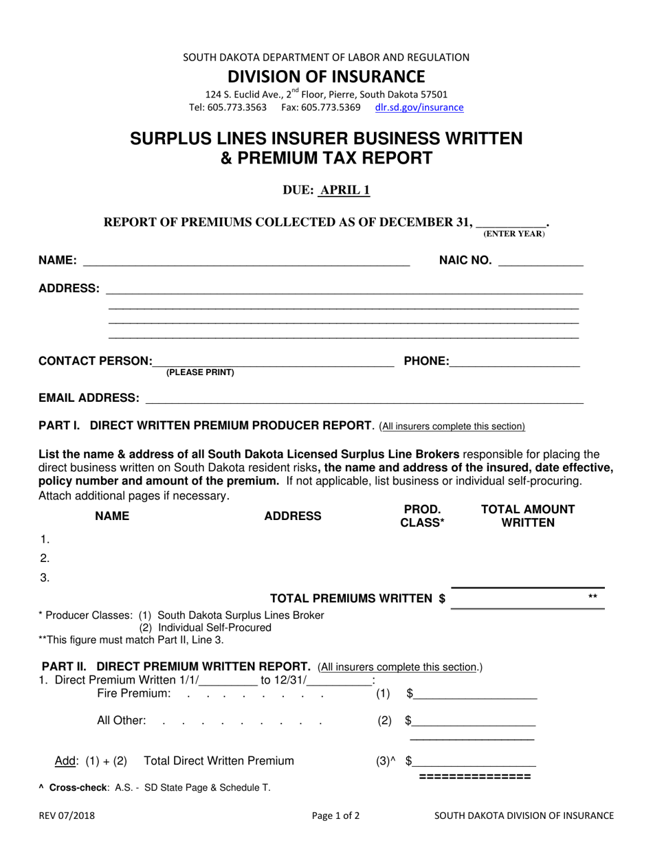 Surplus Lines Insurer Business Written  Premium Tax Report - South Dakota, Page 1
