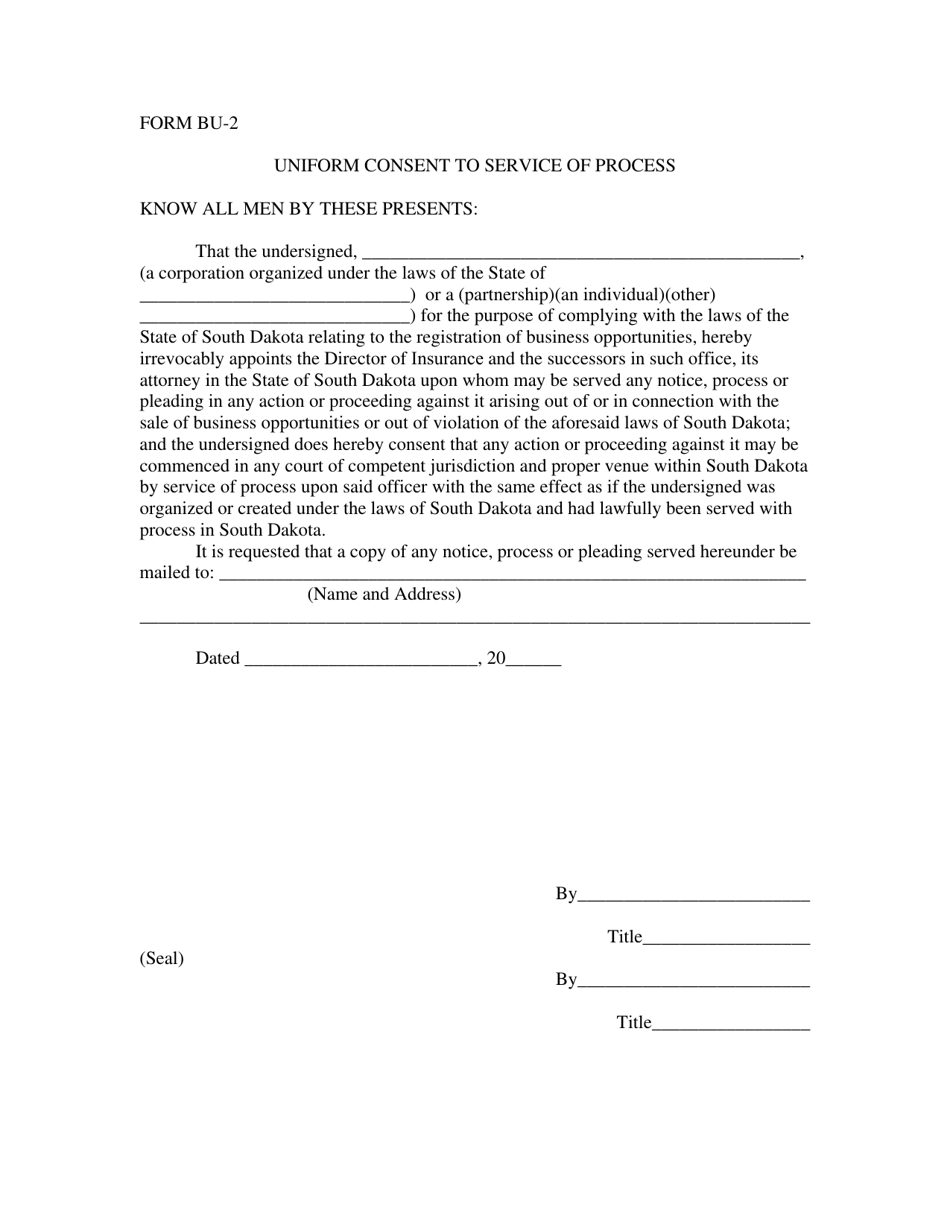 Form BU-2 Uniform Consent to Service of Process - South Dakota, Page 1