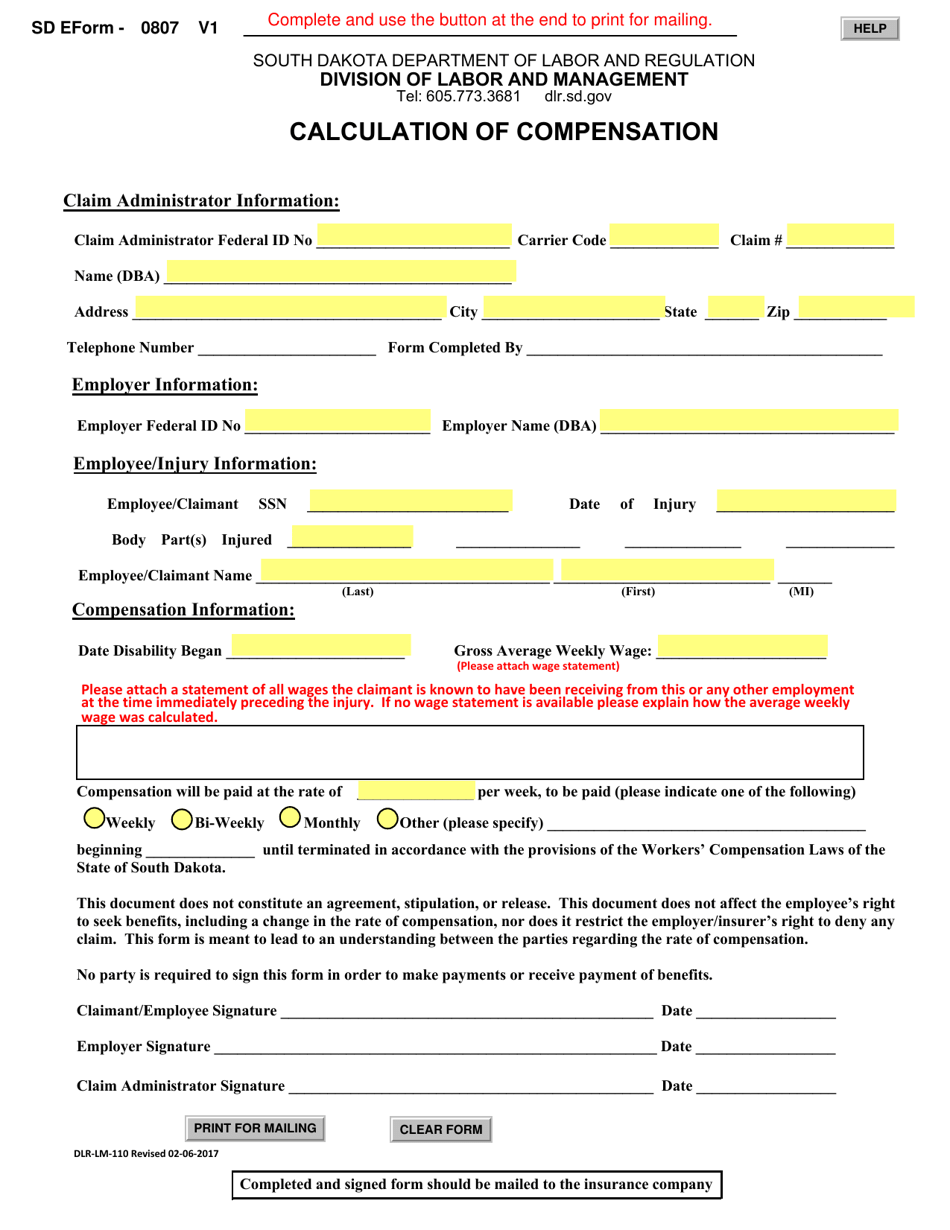 SD Form 0807 (DLR-LM-110) Calculation of Compensation - South Dakota, Page 1