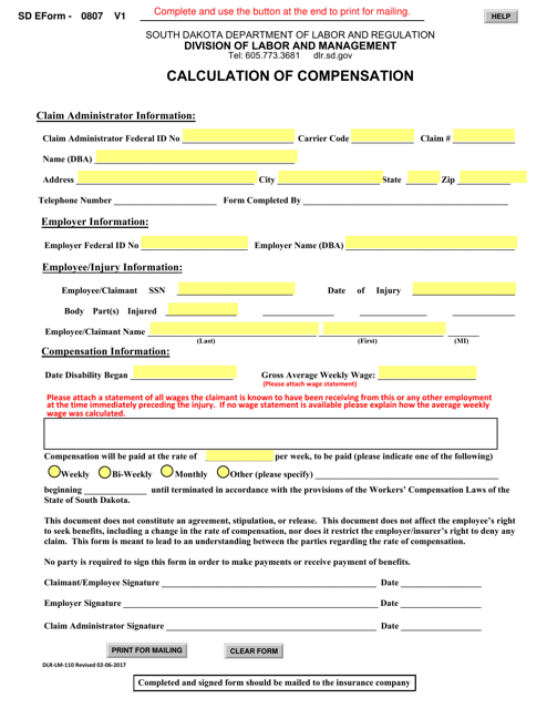 SD Form 0807 (DLR-LM-110) Calculation of Compensation - South Dakota