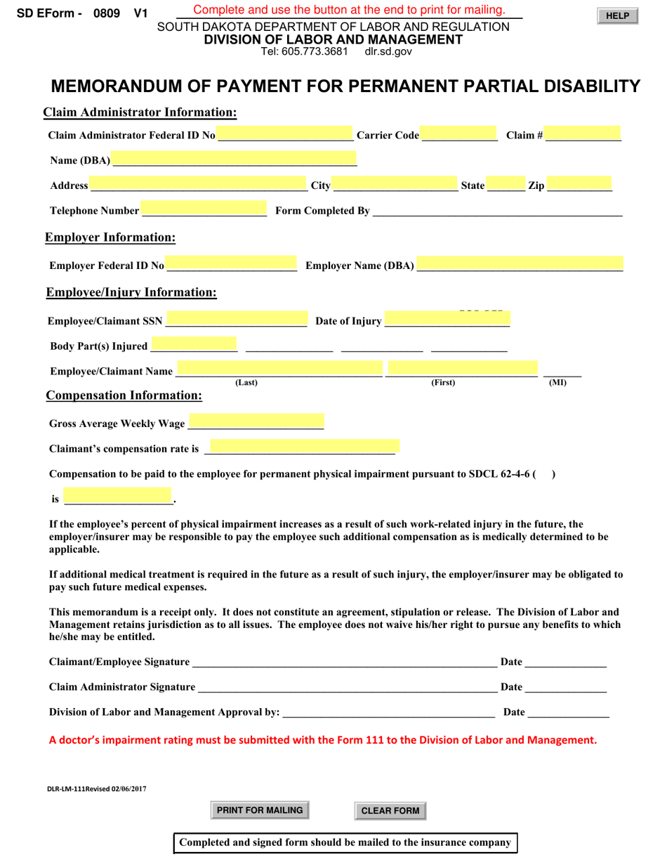 SD Form 0809 (DLR-LM-111) Memorandum of Payment for Permanent Partial Disability - South Dakota, Page 1