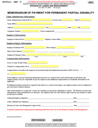 Document preview: SD Form 0809 (DLR-LM-111) Memorandum of Payment for Permanent Partial Disability - South Dakota