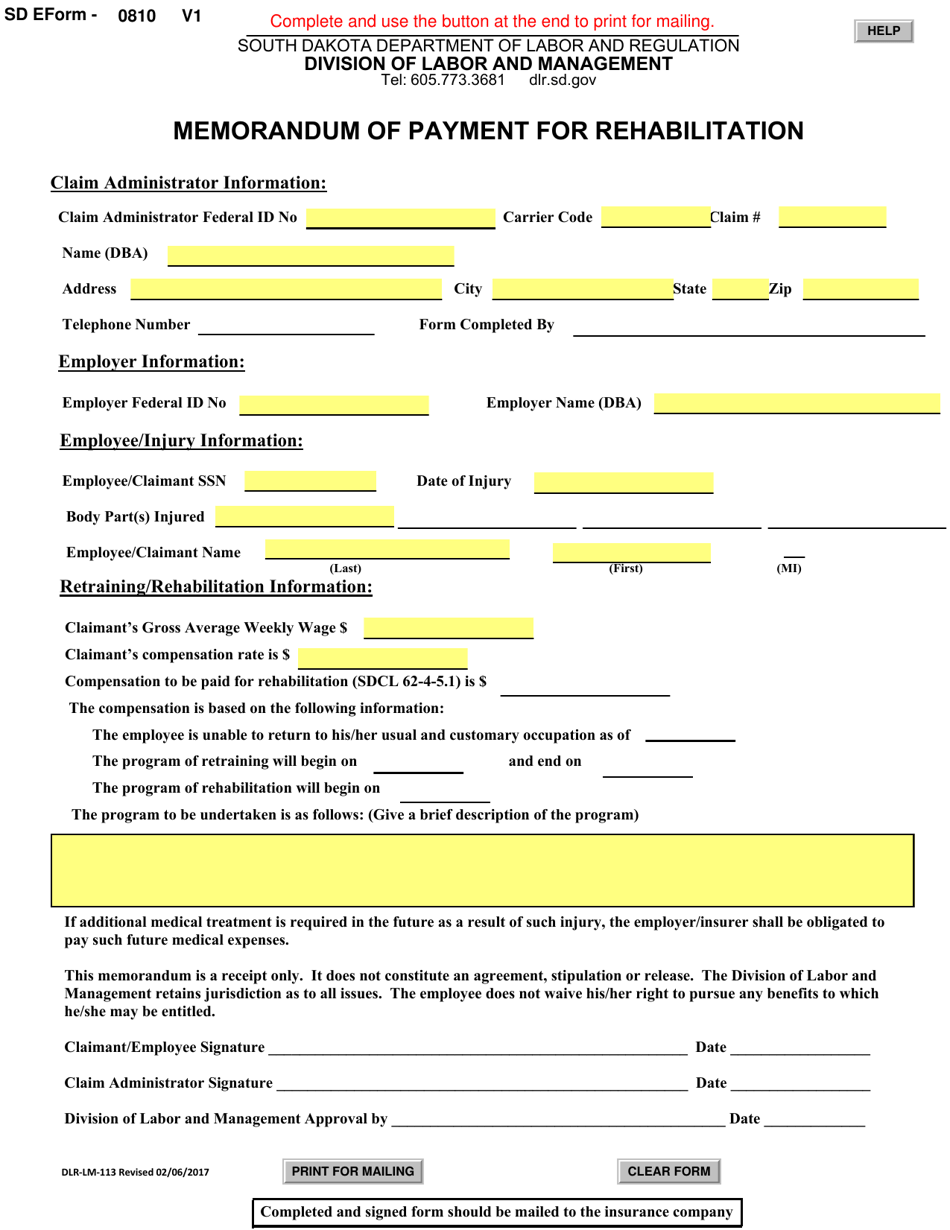 SD Form 0810 (DLR-LM-113) Memorandum of Payment for Rehabilitation - South Dakota, Page 1