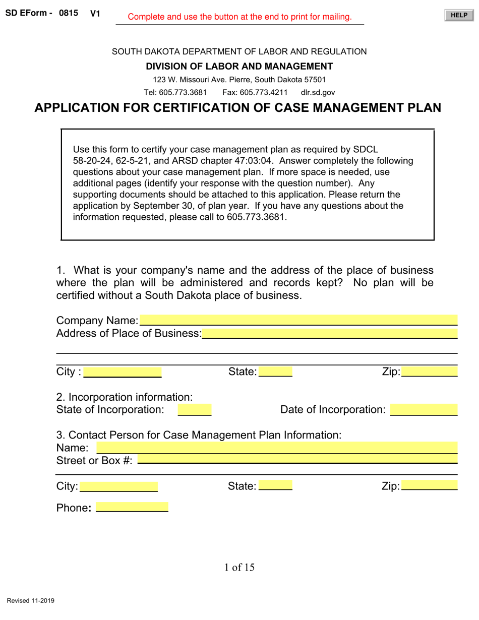 SD Form 0815 Application for Certification of Case Management Plan - South Dakota, Page 1
