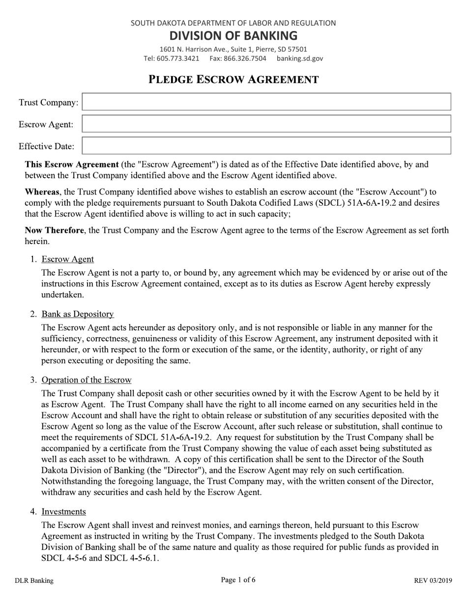 Pledge Escrow Agreement - South Dakota, Page 1