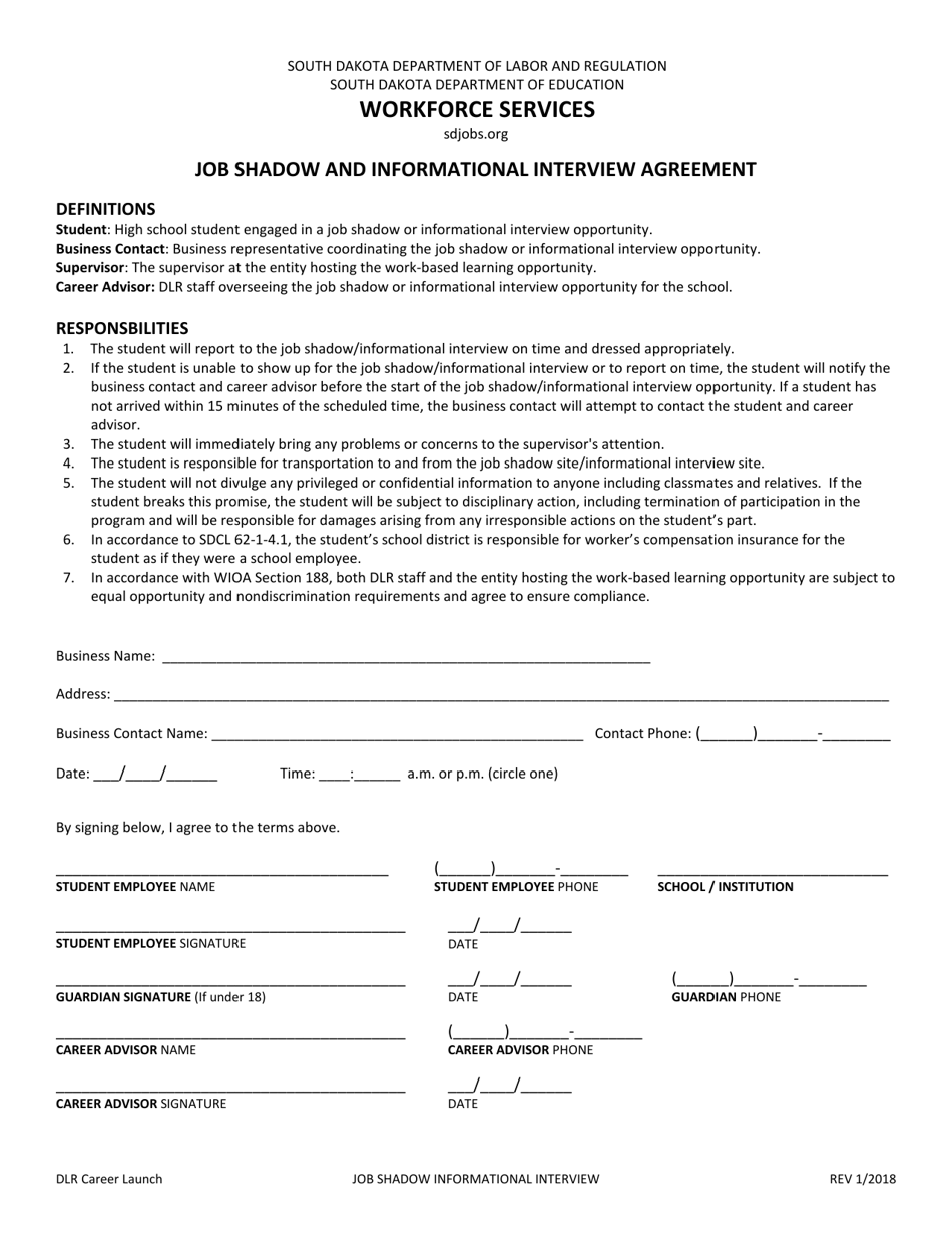 Job Shadow and Informational Interview Agreement - South Dakota, Page 1