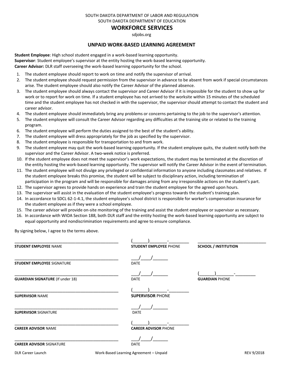Unpaid Work-Based Learning Agreement - South Dakota, Page 1