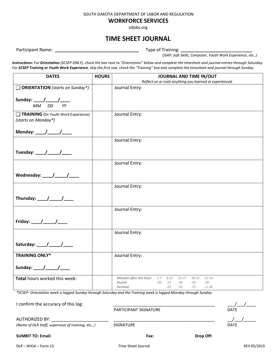 Form 13 Time Sheet Journal - South Dakota, Page 1