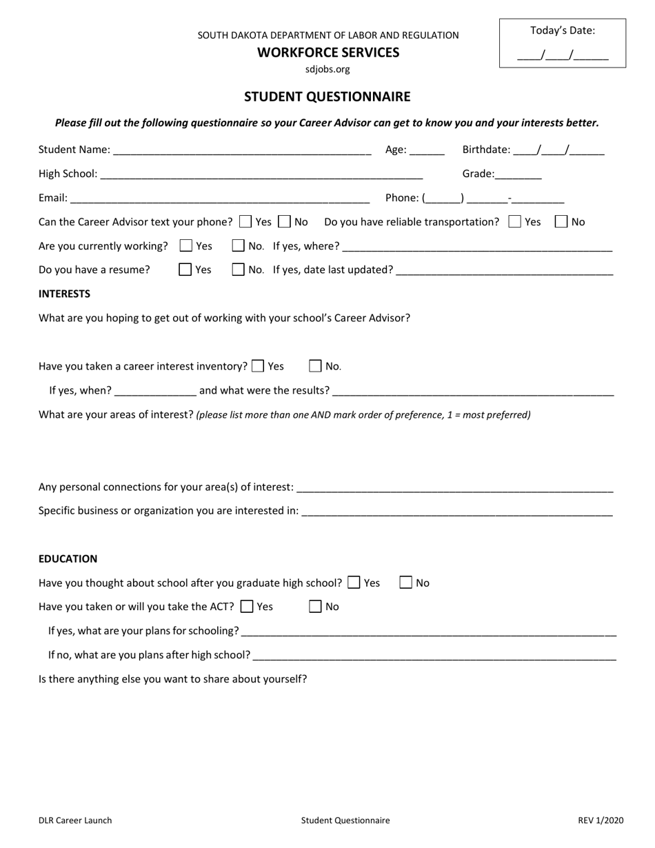 Student Questionnaire - South Dakota, Page 1