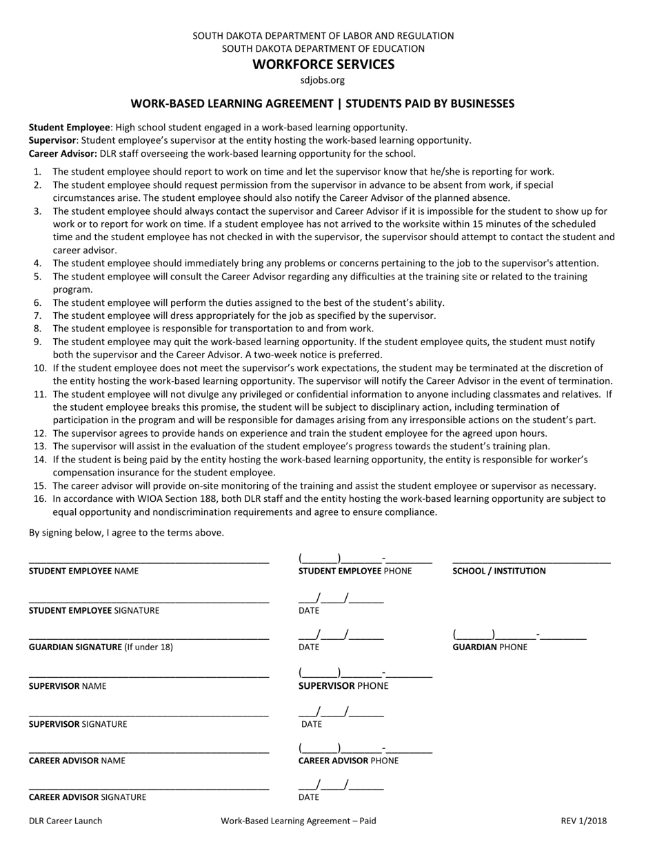 Work-Based Learning Agreement - Students Paid by Businesses - South Dakota, Page 1