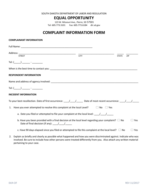 Complaint Information Form - South Dakota