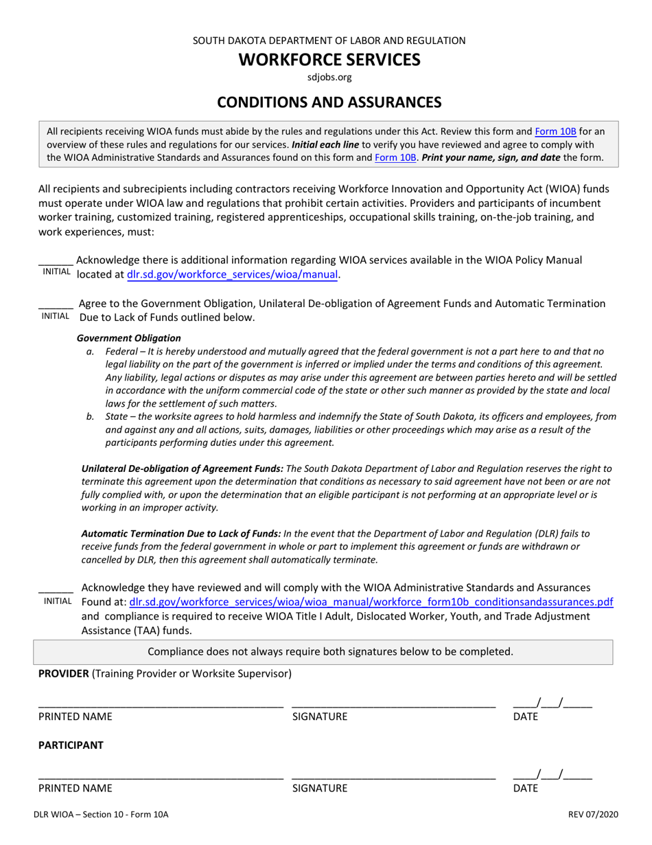 Form 10A Conditions and Assurances - South Dakota, Page 1