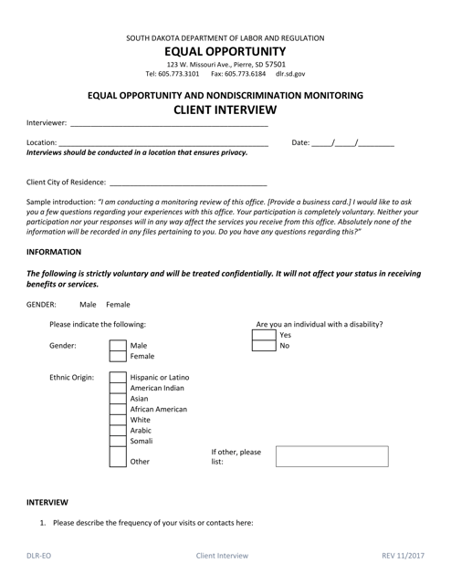 Equal Opportunity and Nondiscrimination Monitoring Client Interview - South Dakota Download Pdf
