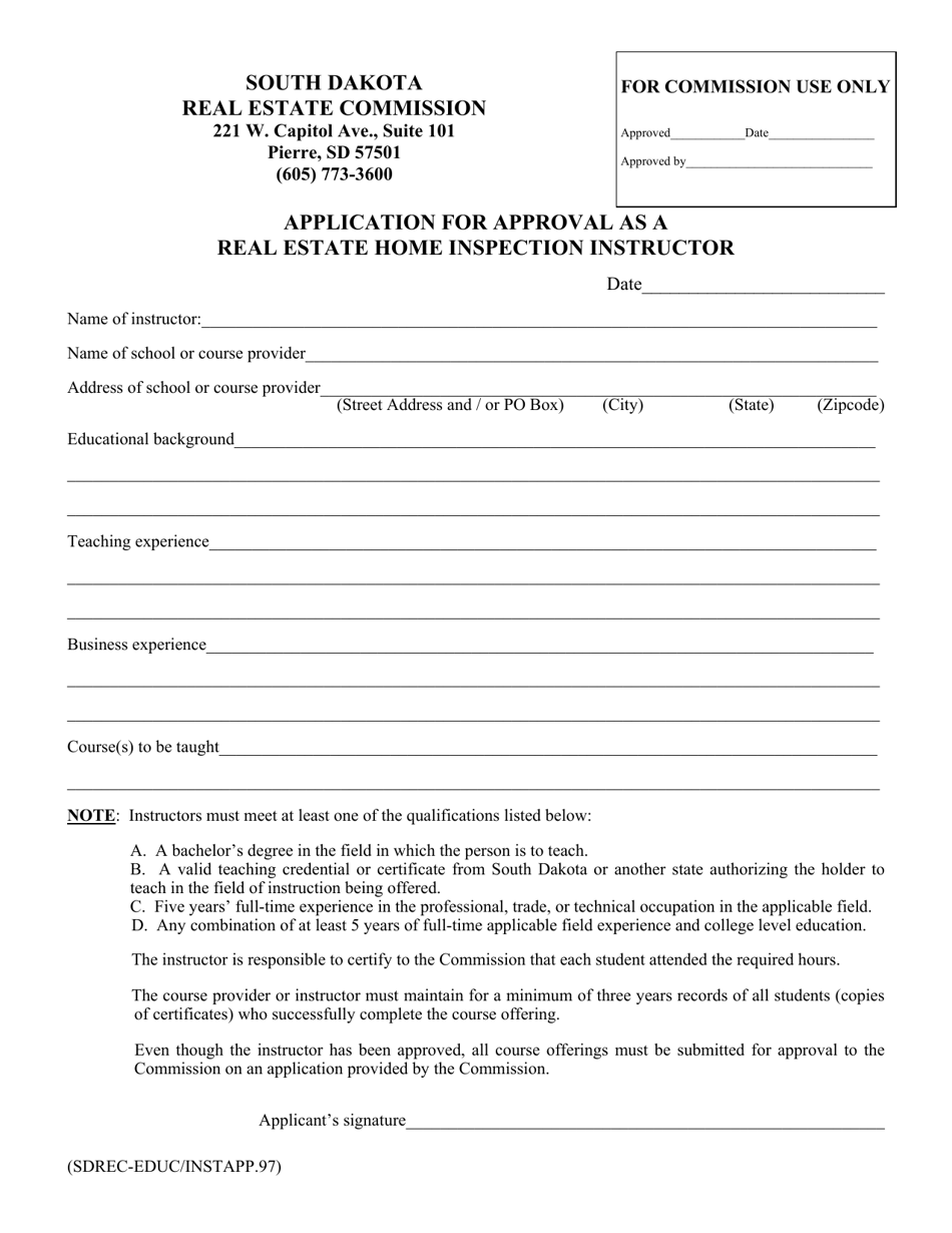 Application for Approval as a Real Estate Home Inspection Instructor - South Dakota, Page 1