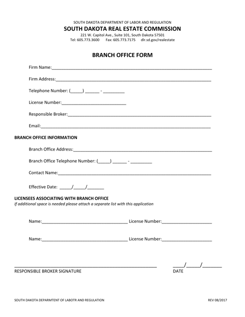 Branch Office Form - South Dakota Download Pdf