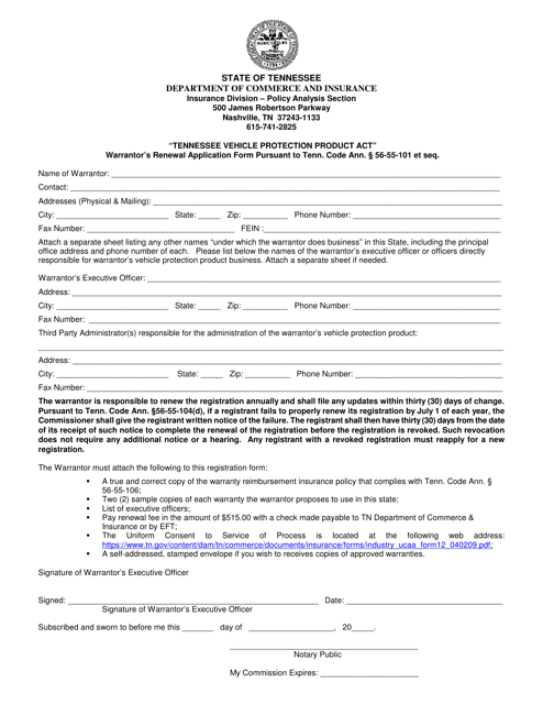 Warrantor's Renewal Application Form Pursuant to Tenn. Code Ann. 56-55-101 Et Seq. - Tennessee Download Pdf