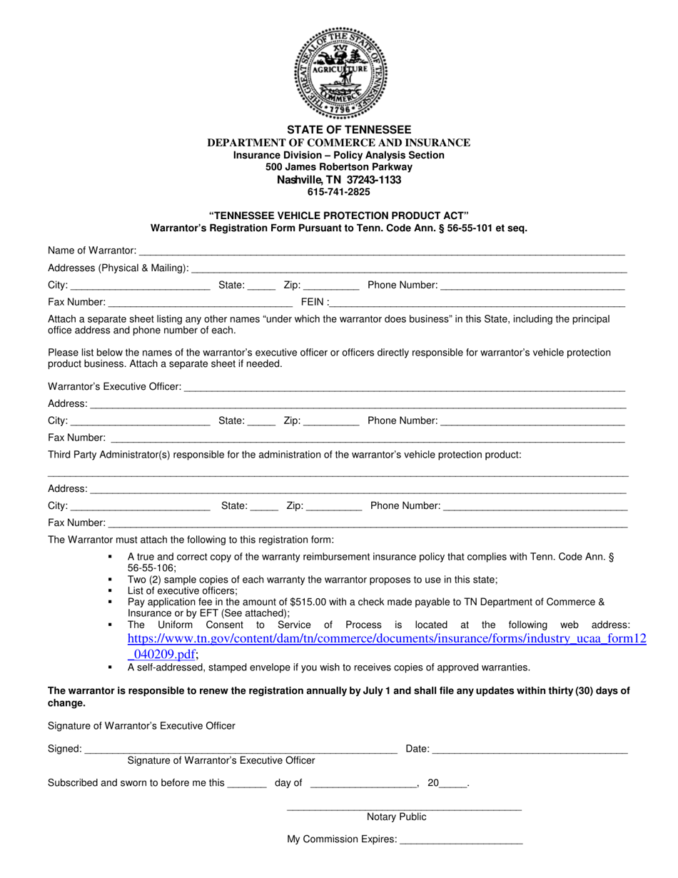 Warrantors Registration Form Pursuant to Tenn. Code Ann. 56-55-101 Et Seq. - Tennessee, Page 1