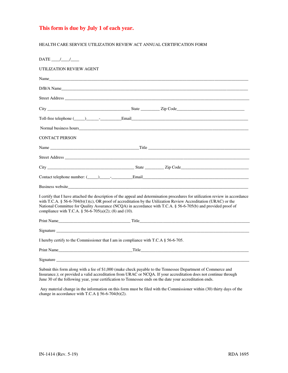 Form IN-1414 Health Care Service Utilization Review Act Application - Tennessee, Page 2