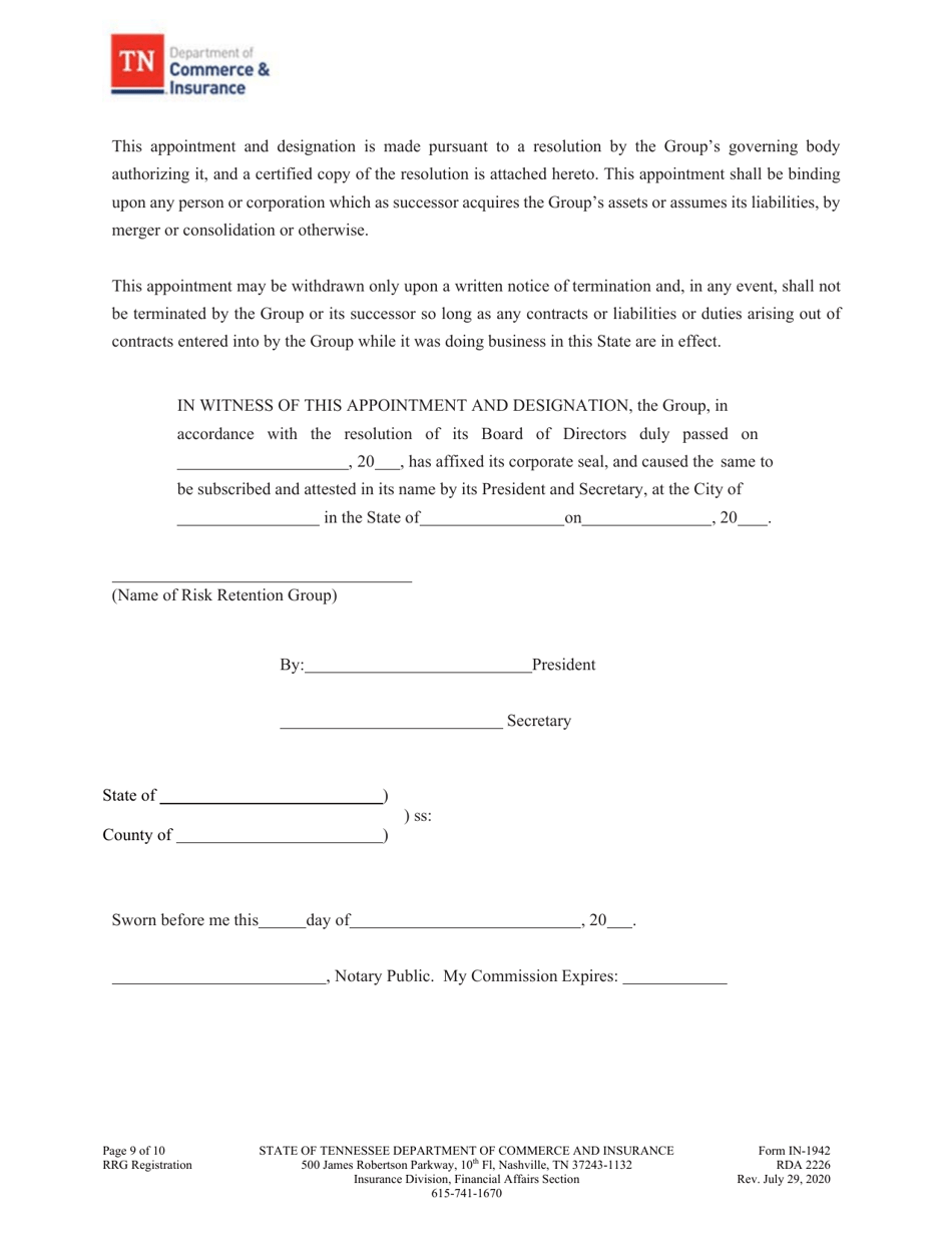 Form IN-1942 Risk Retention Group - Notice and Registration - Tennessee, Page 10