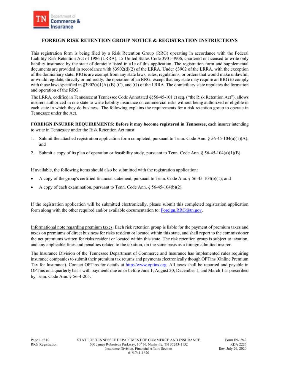 Form IN-1942 Risk Retention Group - Notice and Registration - Tennessee, Page 2