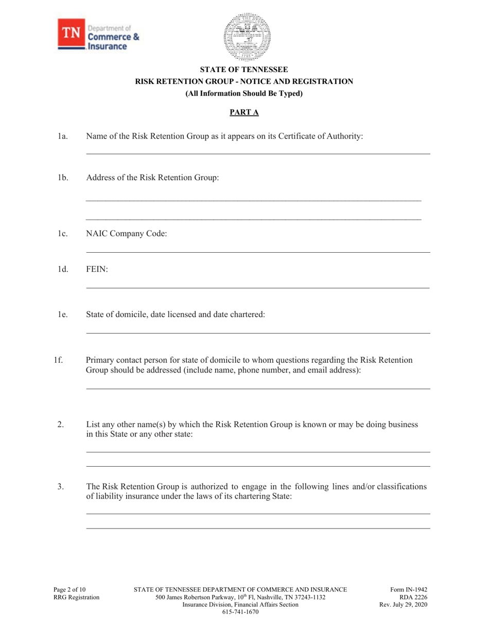 Form IN-1942 Risk Retention Group - Notice and Registration - Tennessee, Page 3