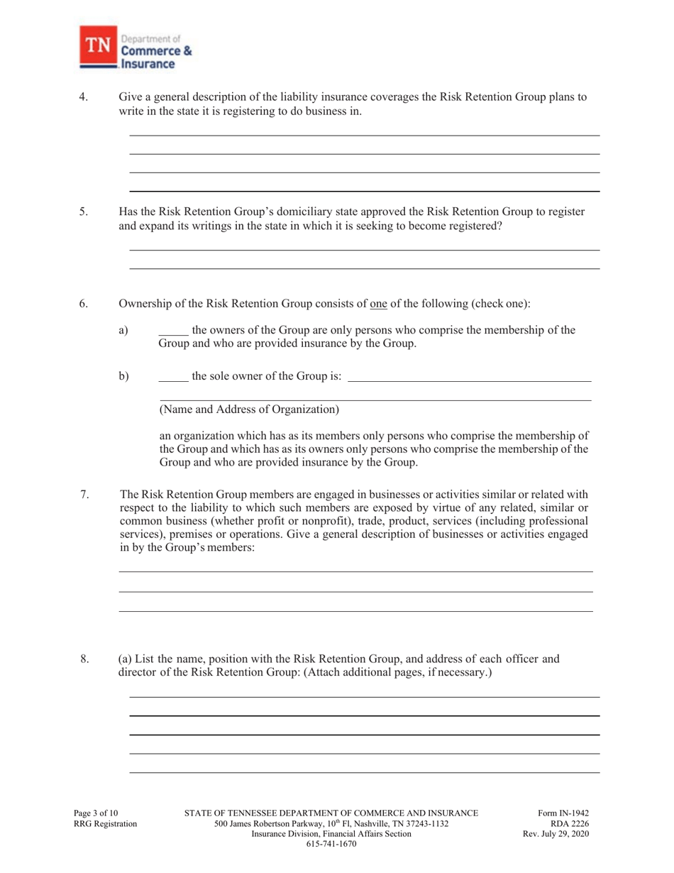 Form IN-1942 Risk Retention Group - Notice and Registration - Tennessee, Page 4