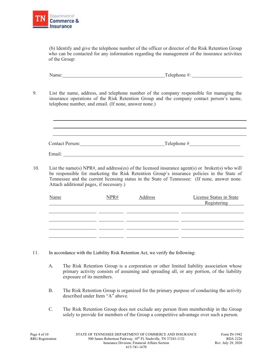 Form IN-1942 Risk Retention Group - Notice and Registration - Tennessee, Page 5
