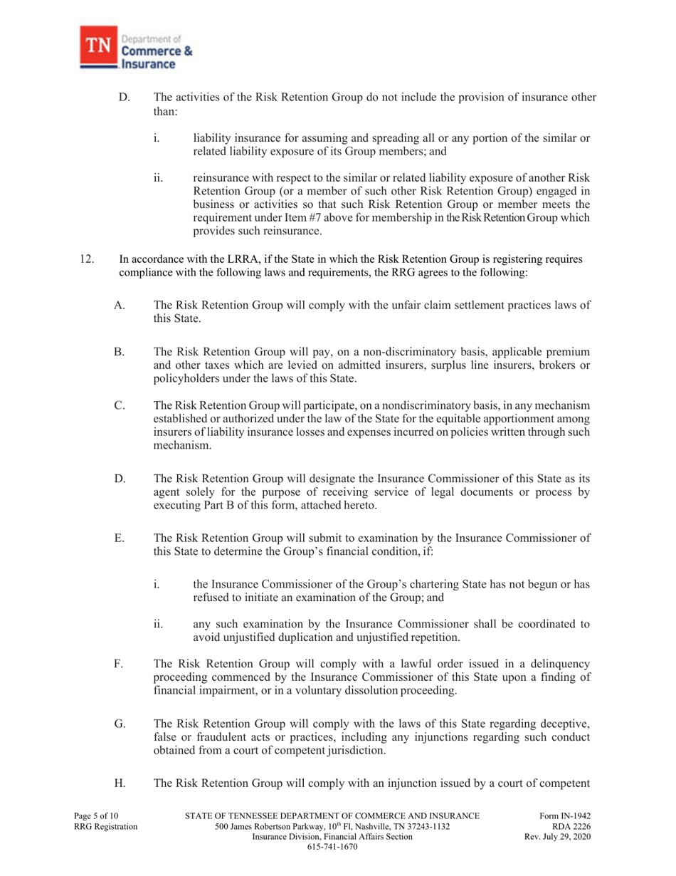Form IN-1942 Risk Retention Group - Notice and Registration - Tennessee, Page 6