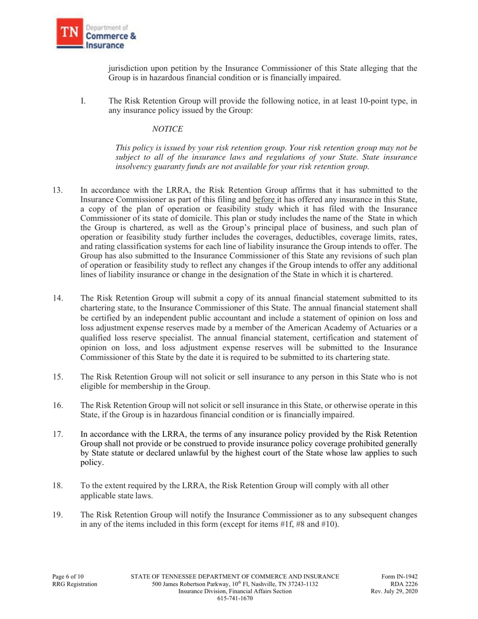 Form IN-1942 Risk Retention Group - Notice and Registration - Tennessee, Page 7