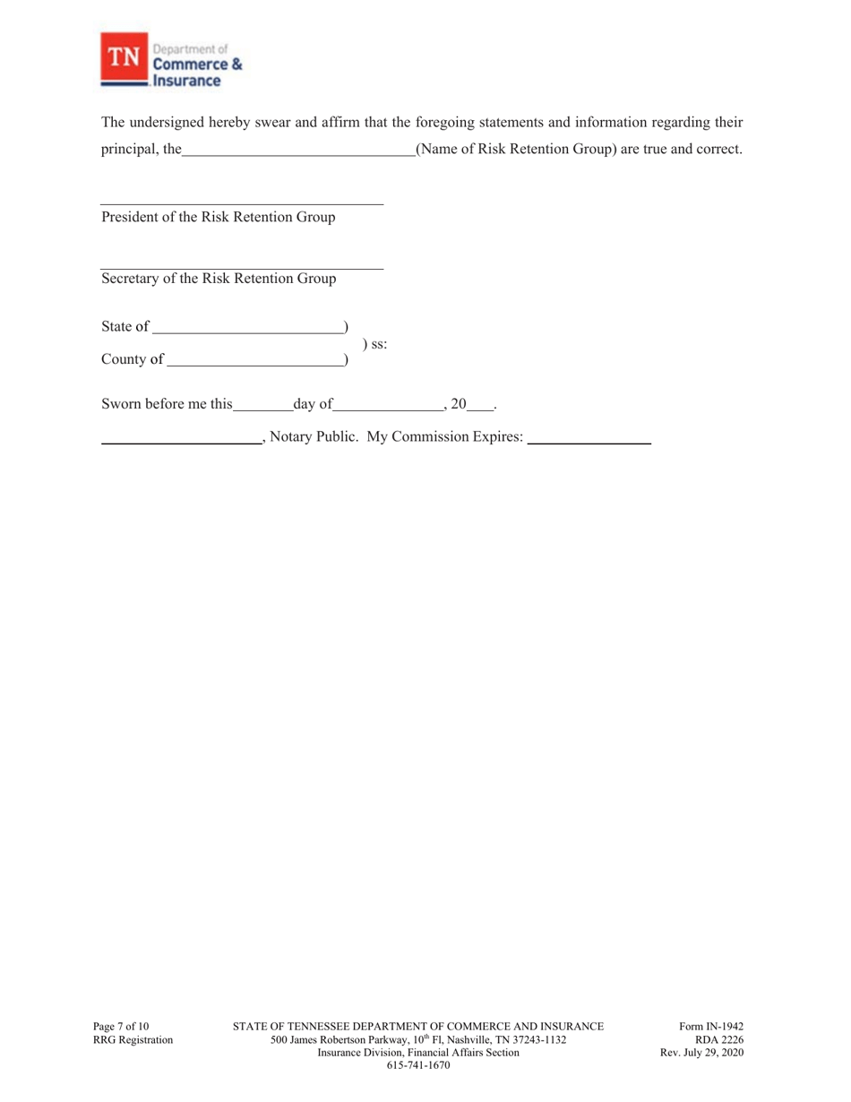 Form IN-1942 Risk Retention Group - Notice and Registration - Tennessee, Page 8